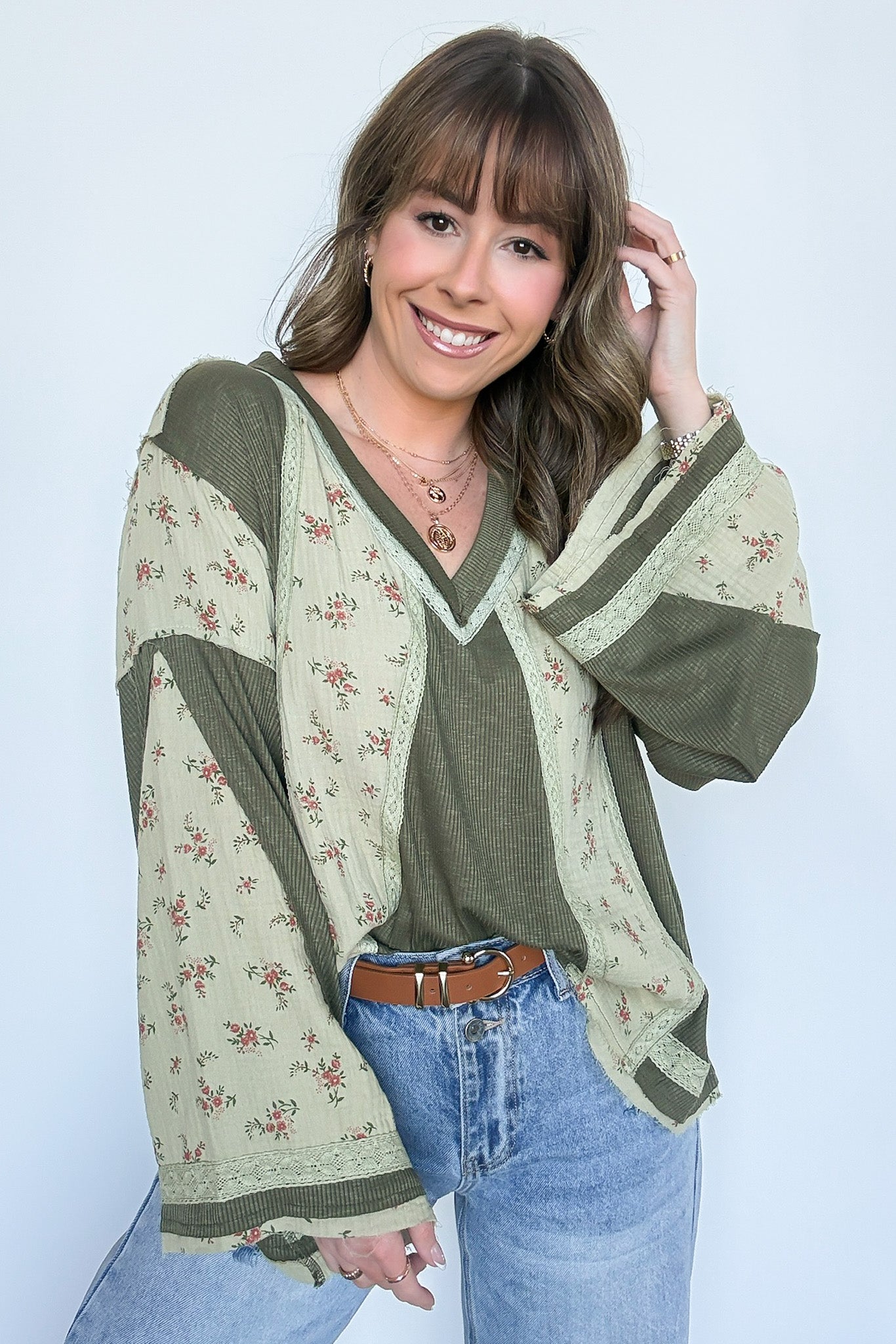  Allysia V-Neck Floral Contrast Top - Madison and Mallory