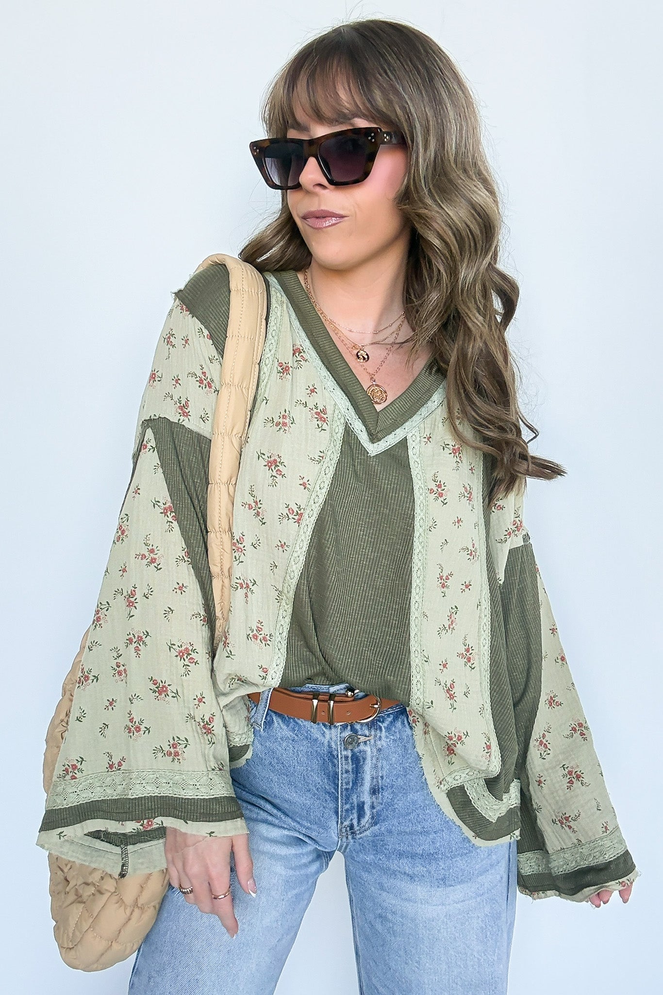 Olive / S Allysia V-Neck Floral Contrast Top - Madison and Mallory