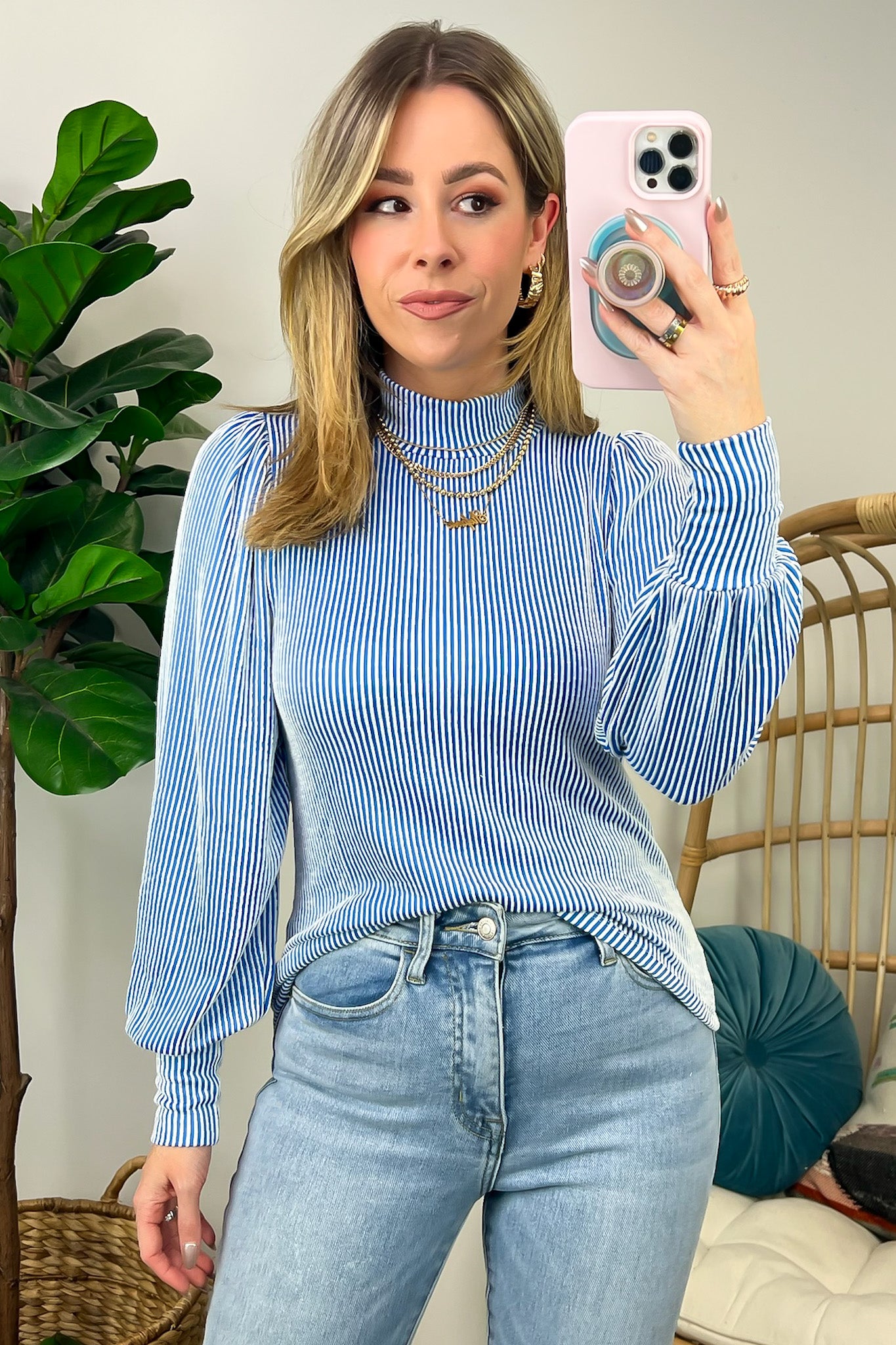 Ocean Blue / S Alondrah Ribbed Mock Neck Puff Sleeve Top - FINAL SALE - Madison and Mallory