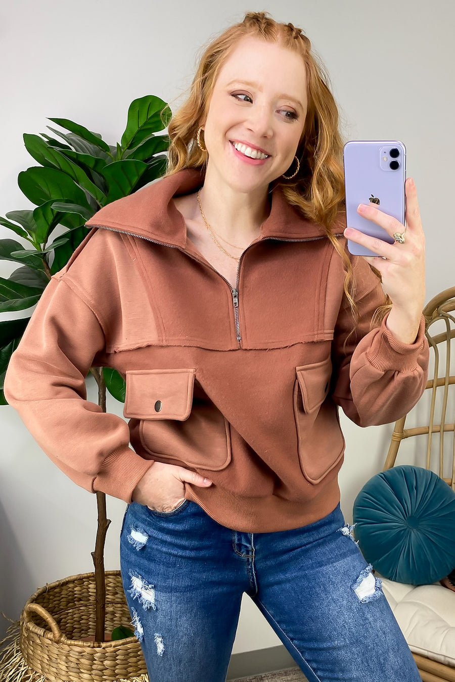 Brick / S Always Cozy Half Zip Contrast Pullover - FINAL SALE - Madison and Mallory