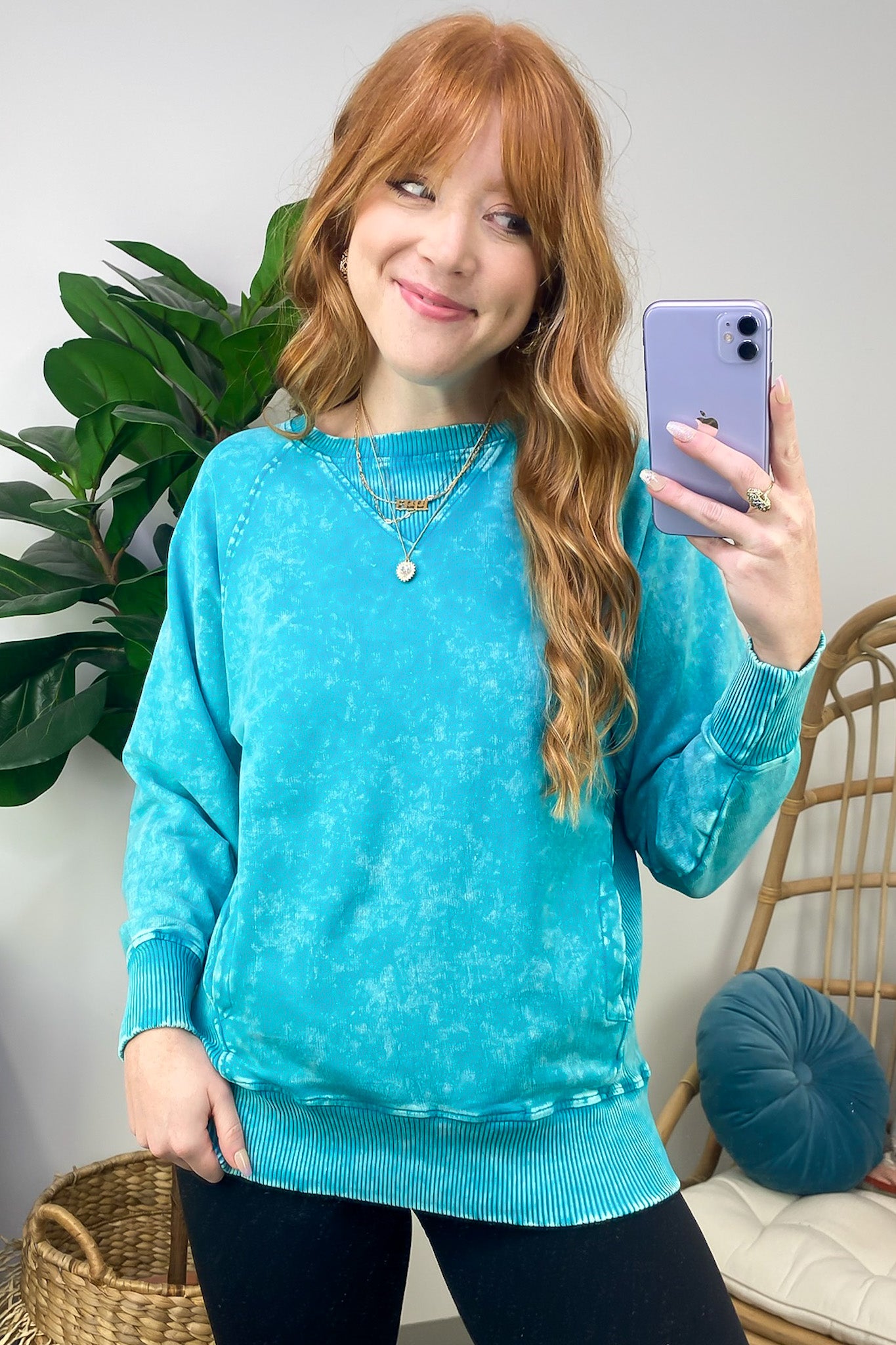 Light Teal / S Alyssah Acid Wash French Terry Pullover - FINAL SALE - Madison and Mallory