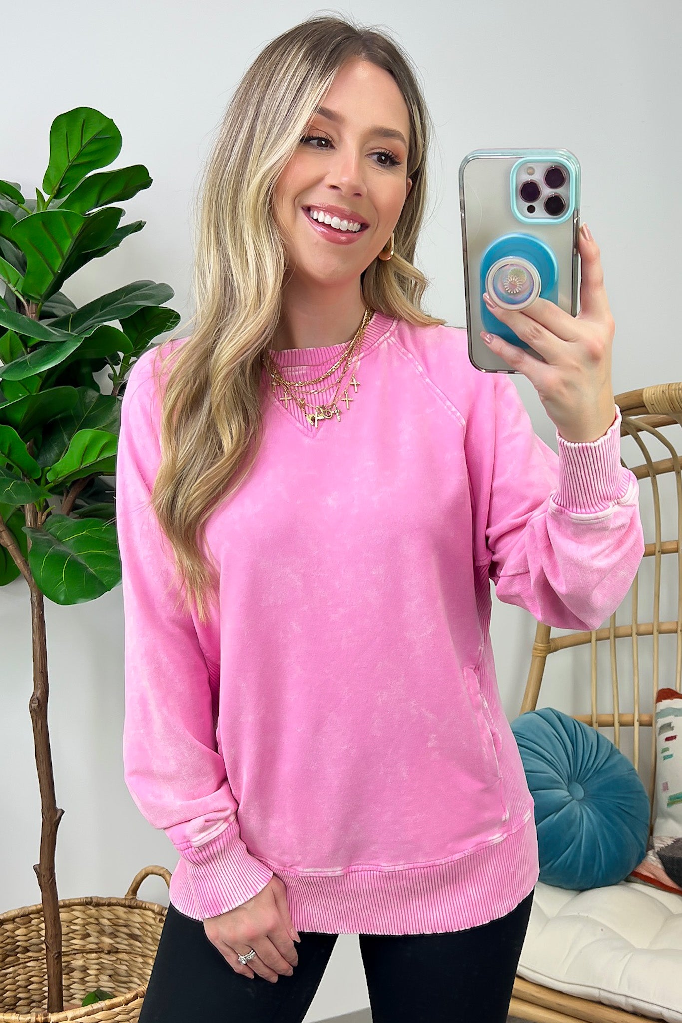 Candy Pink / S Alyssah Acid Wash French Terry Pullover - FINAL SALE - Madison and Mallory