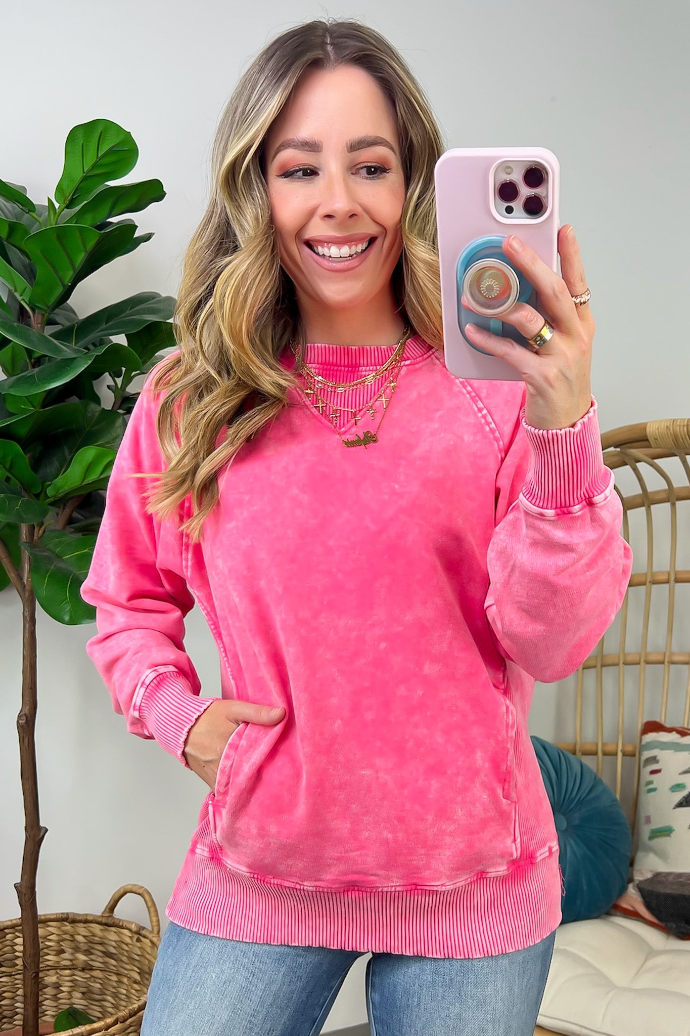 Fuchsia / S Alyssah Acid Wash French Terry Pullover - FINAL SALE - Madison and Mallory