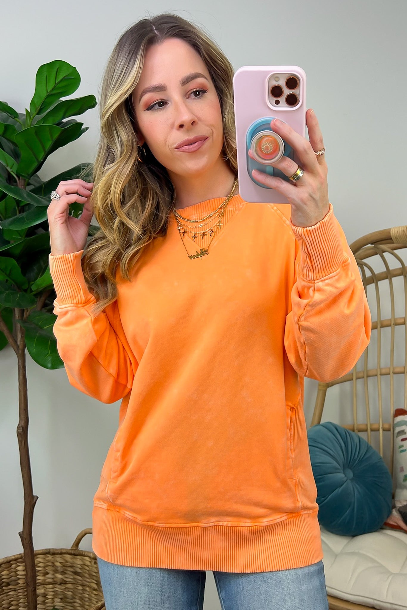 Light Orange / S Alyssah Acid Wash French Terry Pullover - FINAL SALE - Madison and Mallory