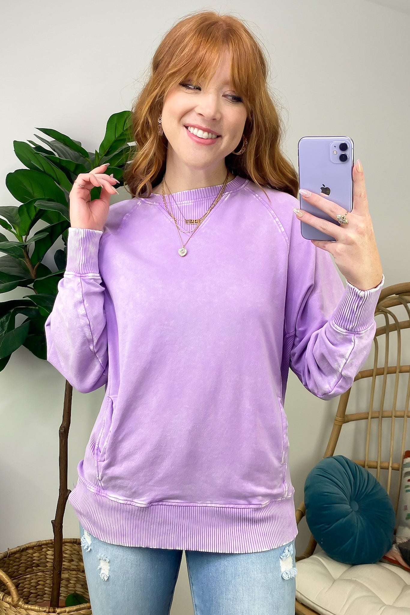 Bright Lavender / S Alyssah Acid Wash French Terry Pullover - FINAL SALE - Madison and Mallory