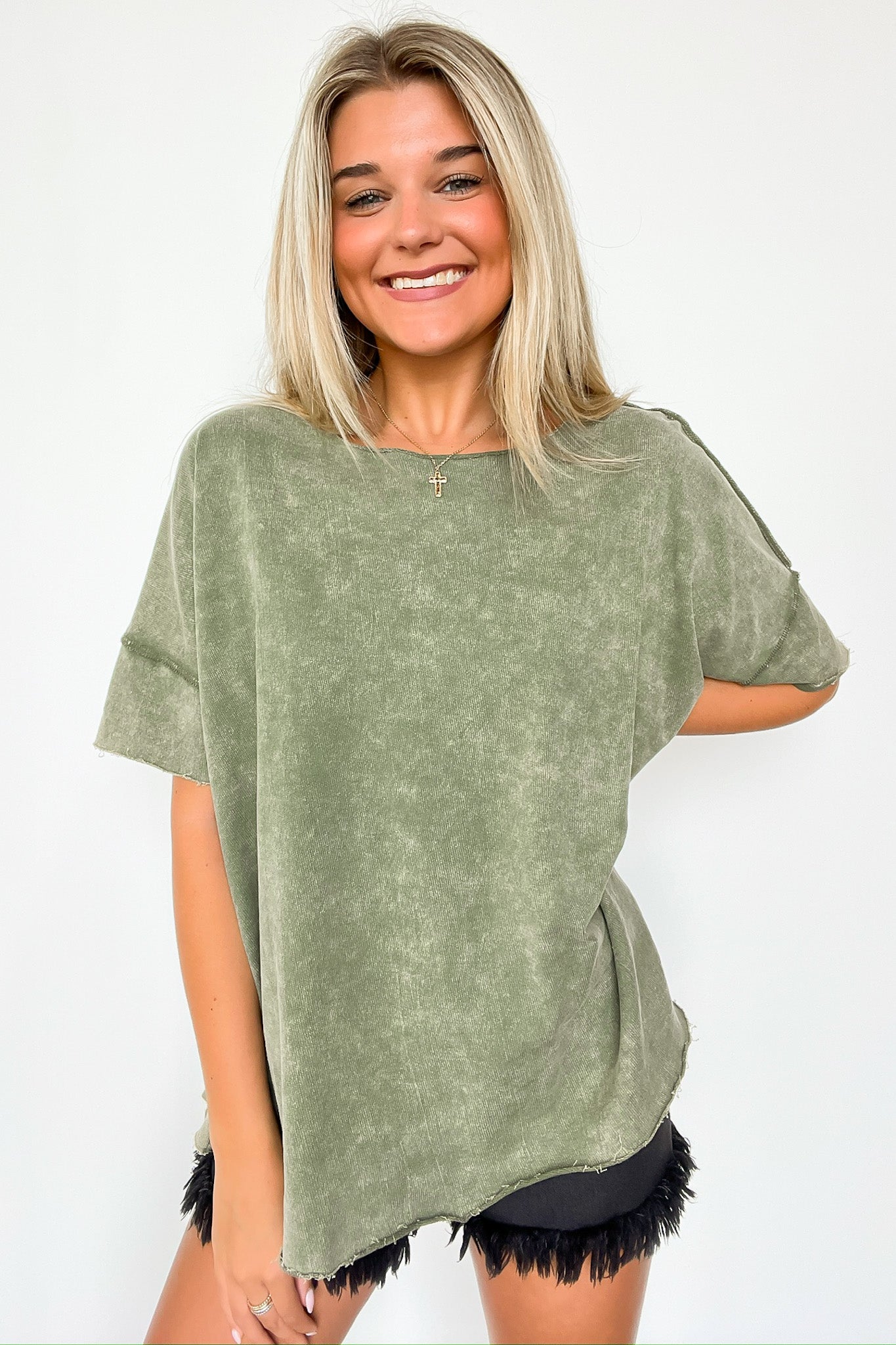 Ash Olive / SM Amayah Mineral Wash Raw Edge Top - BACK IN STOCK - Madison and Mallory