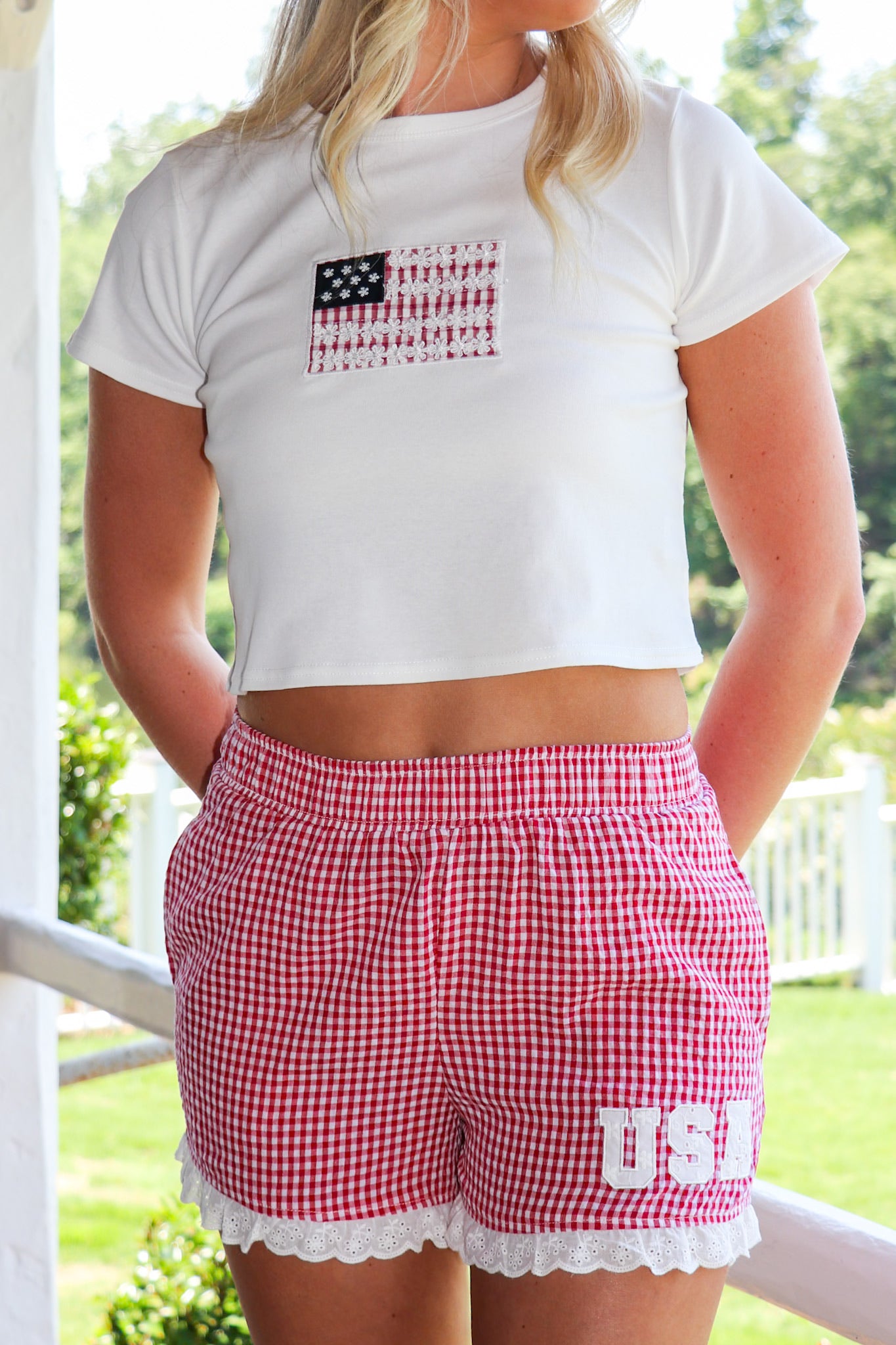 Americana Charm Gingham and Lace USA Shorts