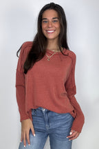 Rust / S Amirah Rib Knit Long Sleeve Stitch Top - Madison and Mallory