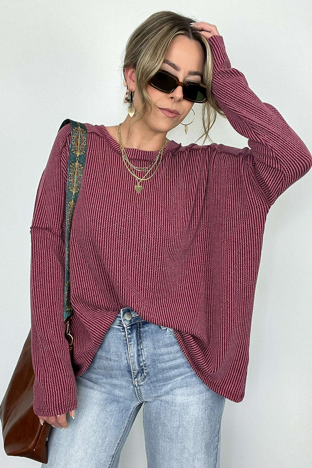 Burgundy / S Amirah Rib Knit Long Sleeve Stitch Top - Madison and Mallory