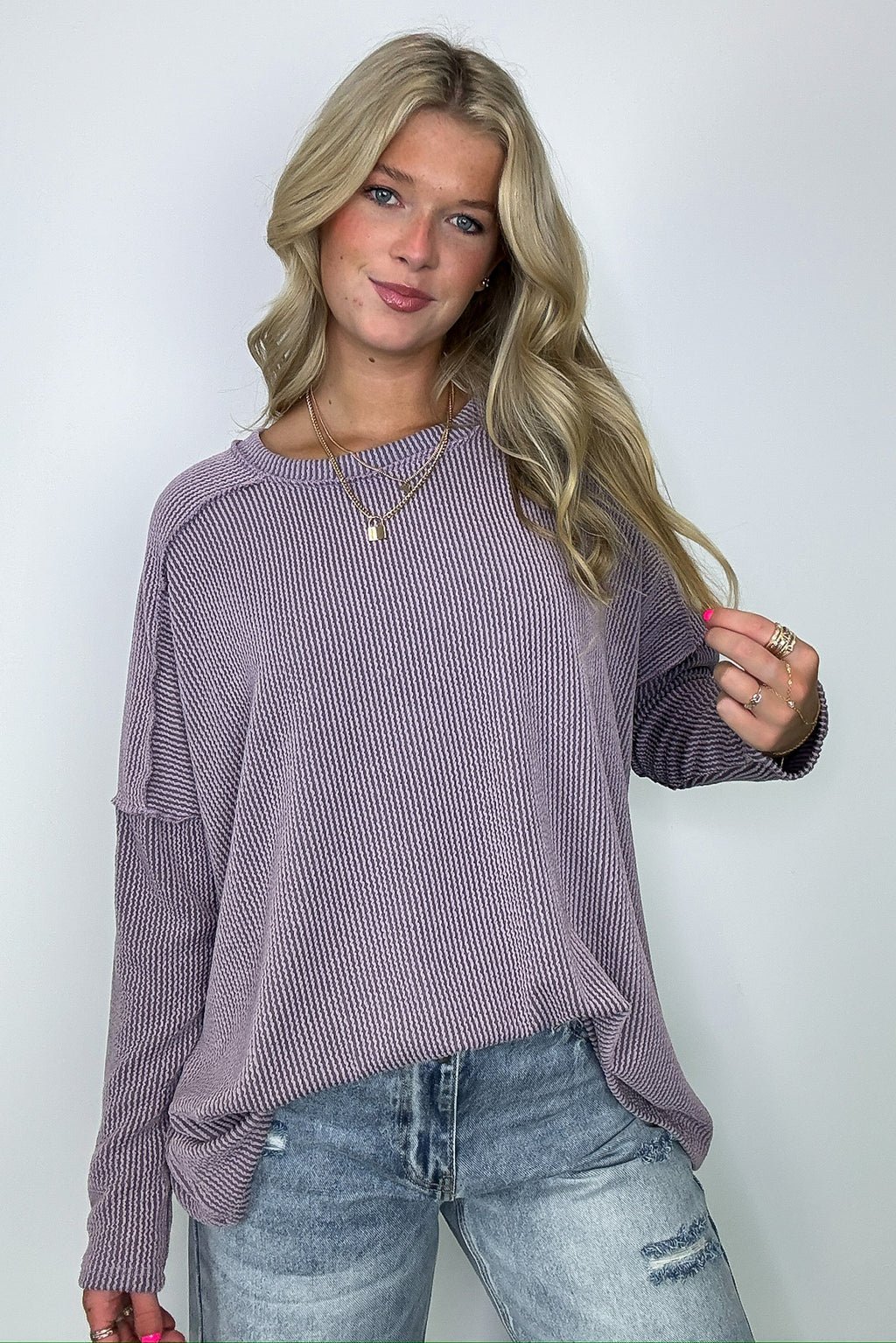 Dusty Lavender / S Amirah Rib Knit Long Sleeve Stitch Top - Madison and Mallory