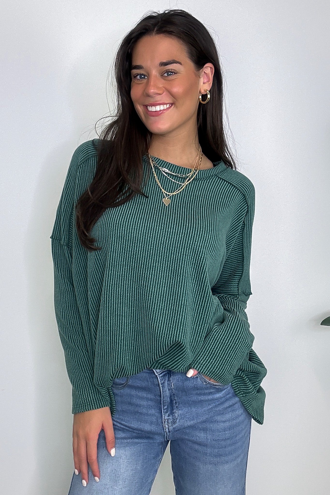 Hunter Green / S Amirah Rib Knit Long Sleeve Stitch Top - FINAL SALE - Madison and Mallory