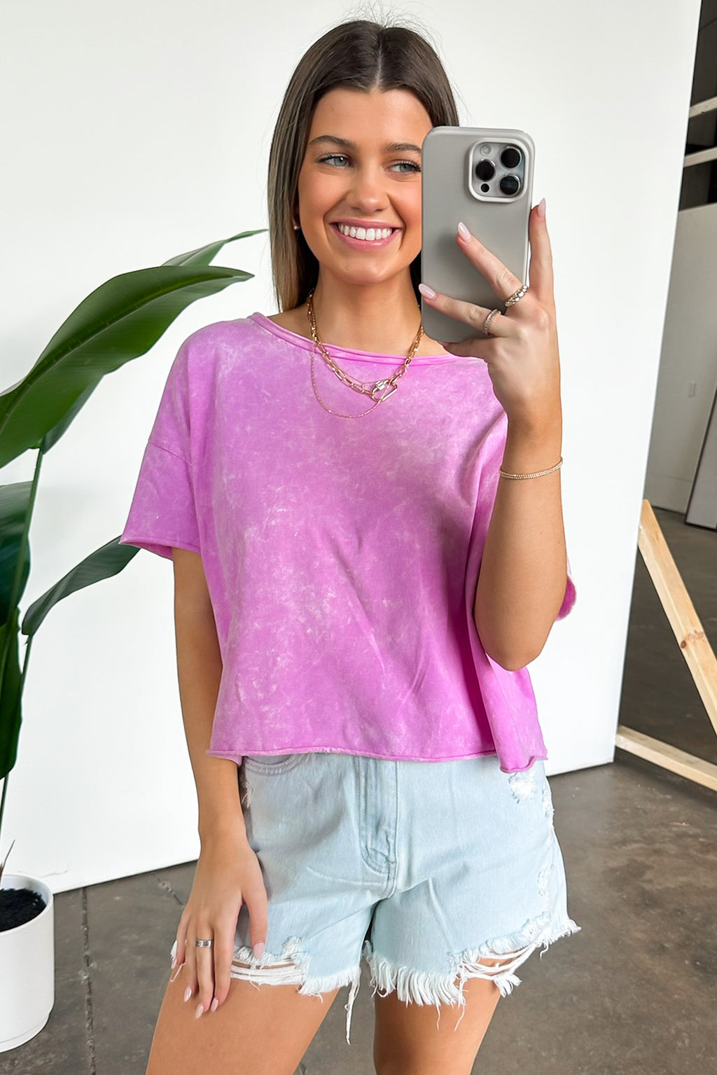 Bright Mauve / SM Amorettah Acid Wash Cropped Tee - Madison and Mallory
