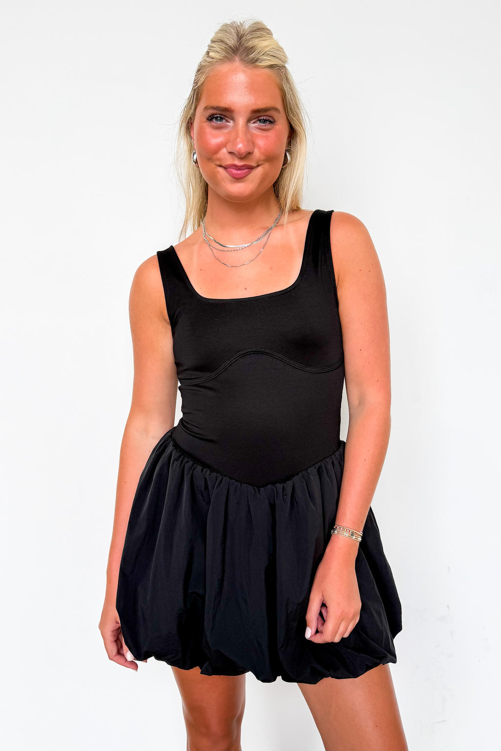 Analeia Bubble Hem Mixed Media Romper - Madison and Mallory