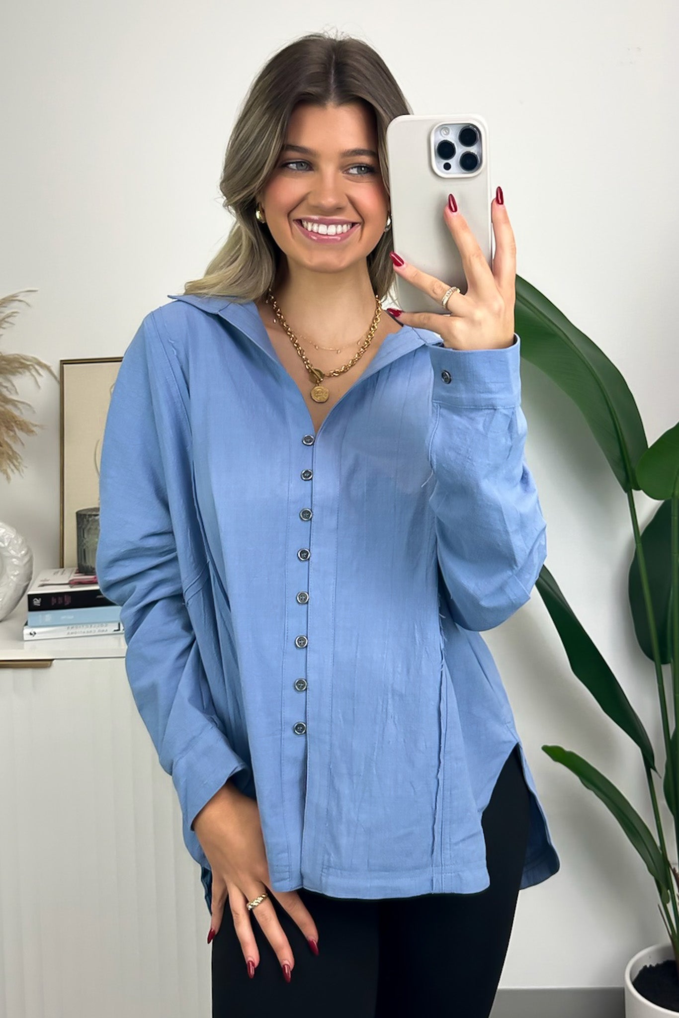 Blue / S Anara Button Down Oversized Raw Edge Top - Madison and Mallory