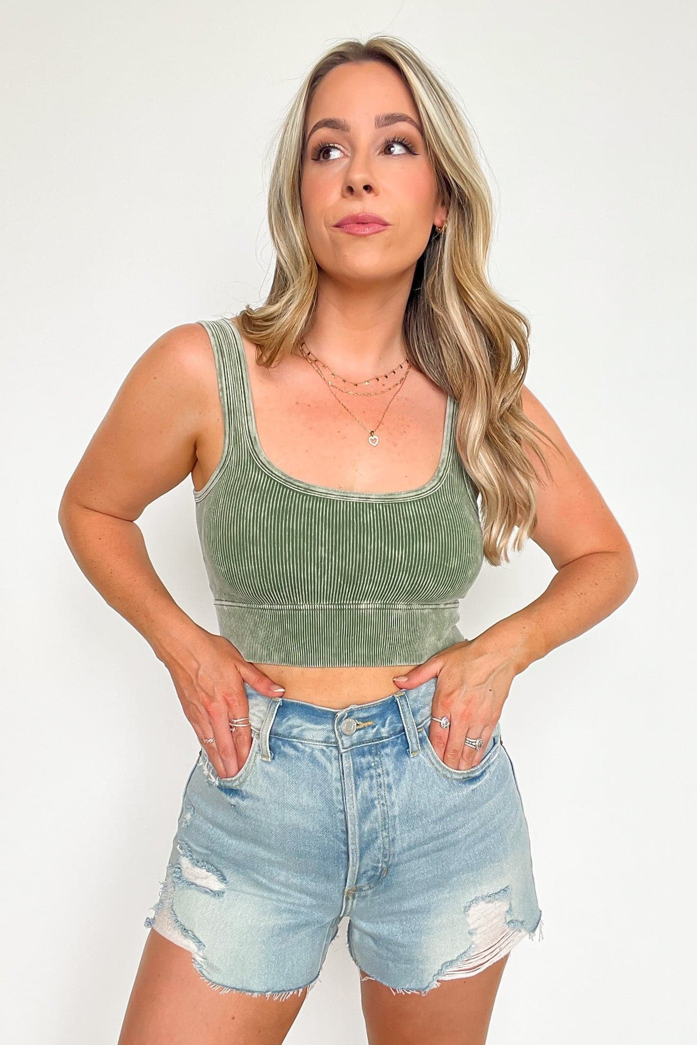 Ash Olive / SM Swift Ways Washed Ribbed Cropped Bra Top - BACK IN STOCK - Madison and Mallory