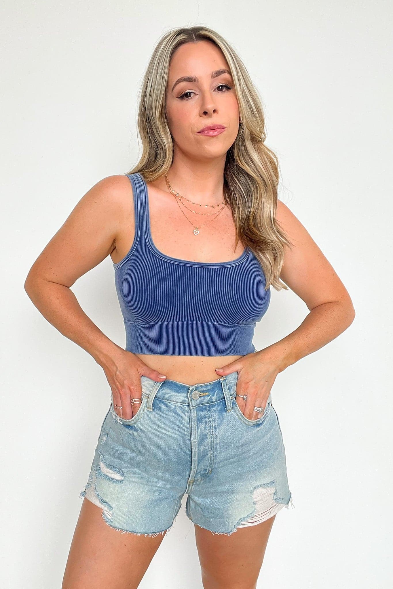 Light Navy / SM Swift Ways Washed Ribbed Cropped Bra Top - BACK IN STOCK - Madison and Mallory