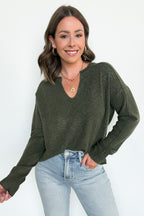 Olive / S Annalyn Exposed Seam V-Neck Sweater - FINAL SALE - Madison and Mallory