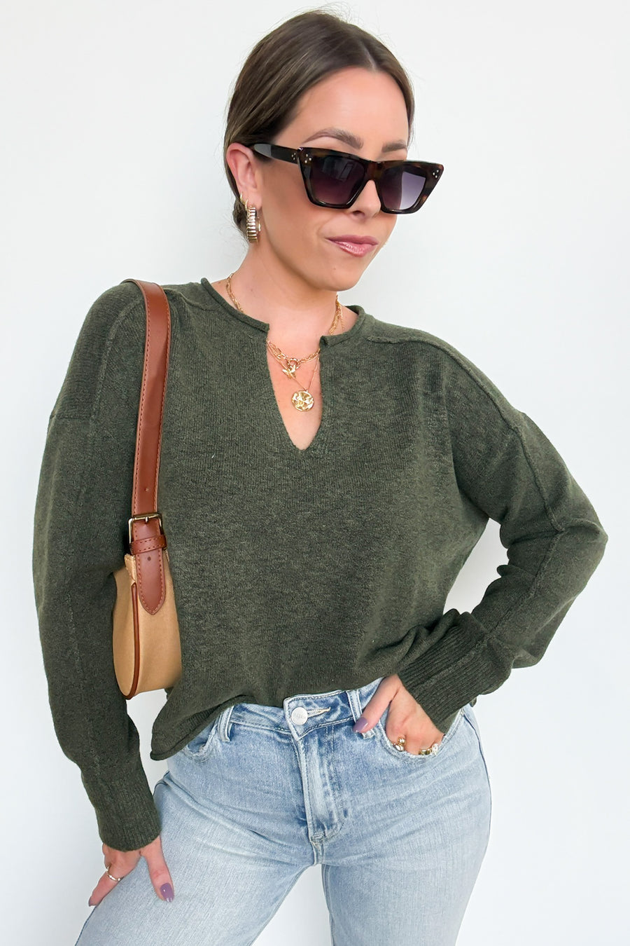  Annalyn Exposed Seam V-Neck Sweater - Madison and Mallory