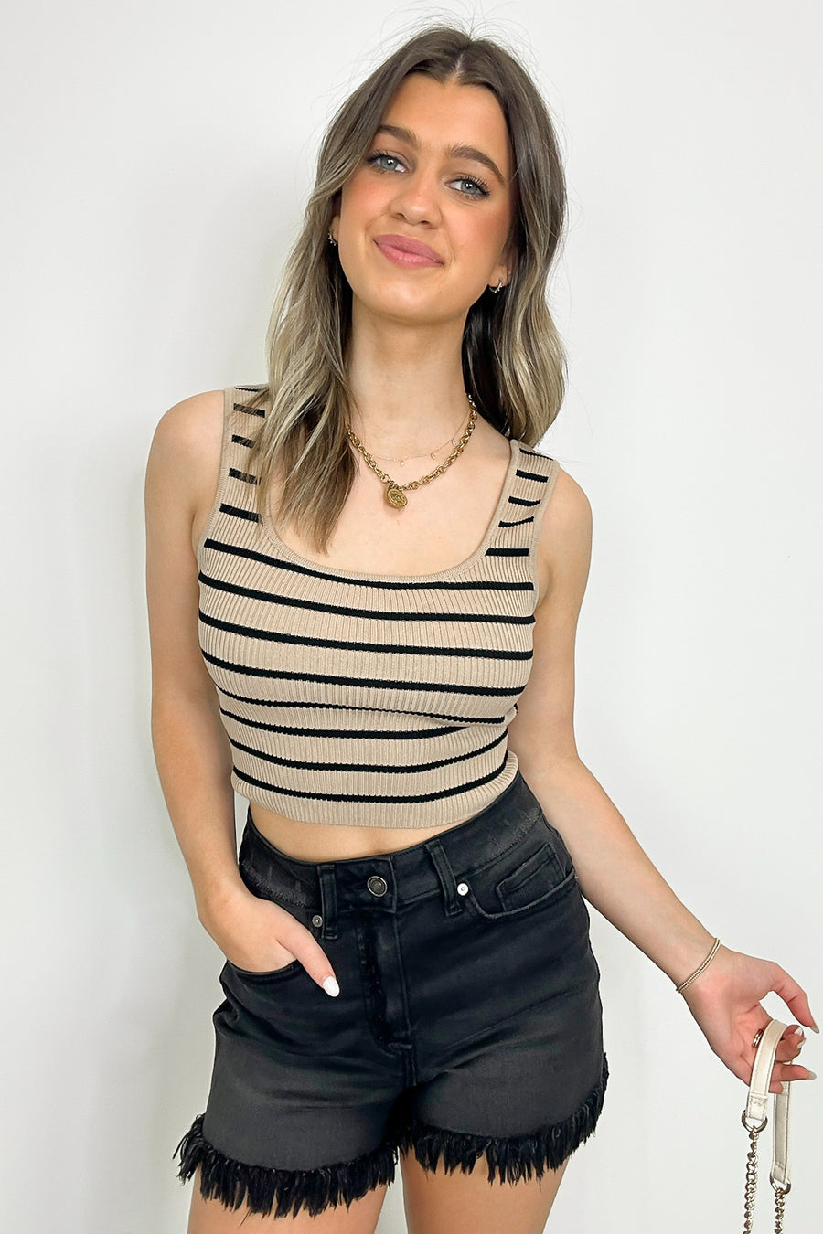 Deep Taupe / S Annette Striped Knit Tank Top - Madison and Mallory