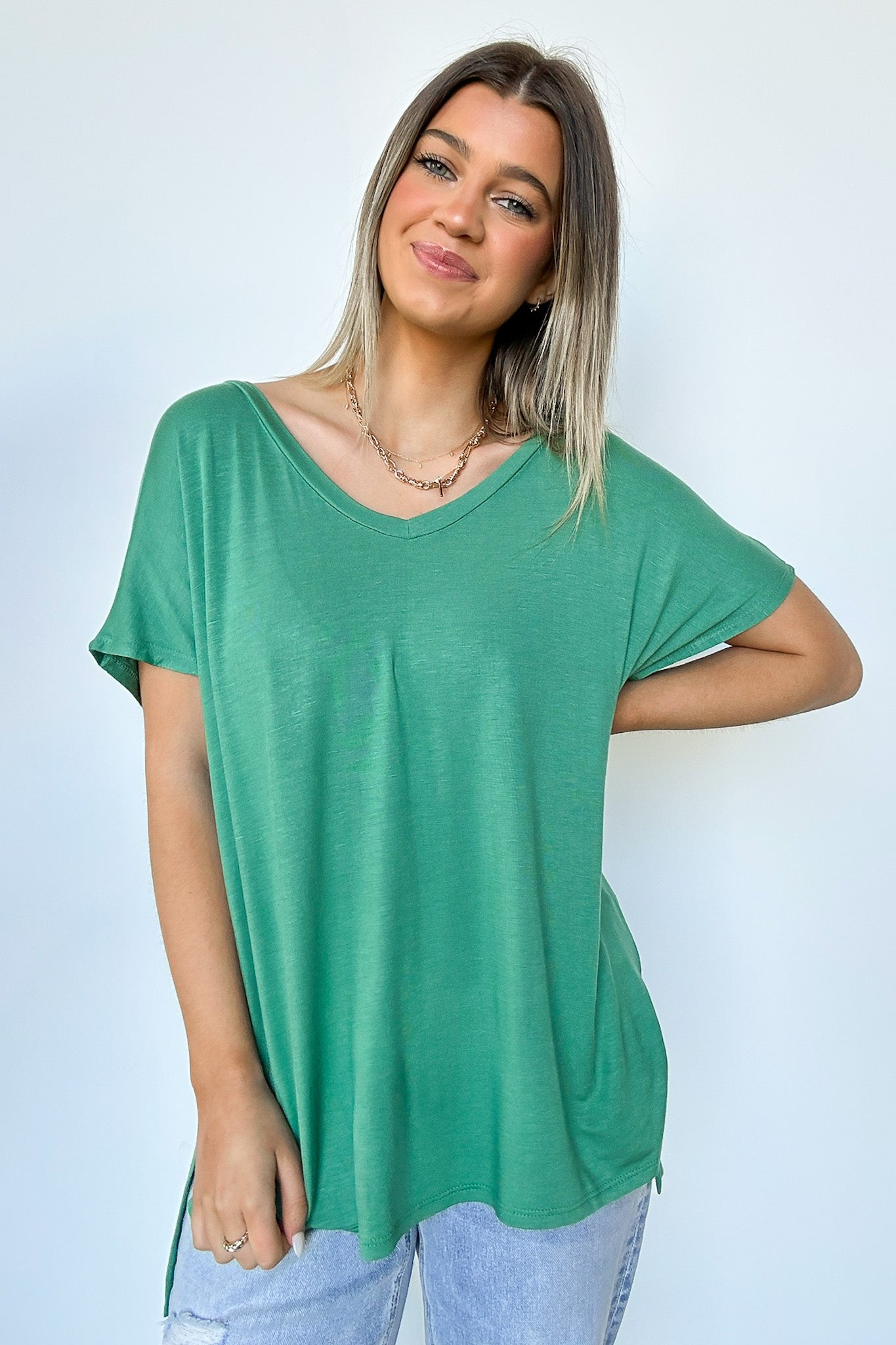 Dusty Green / S Apollo Side Slit V-Neck Relaxed Top - Madison and Mallory