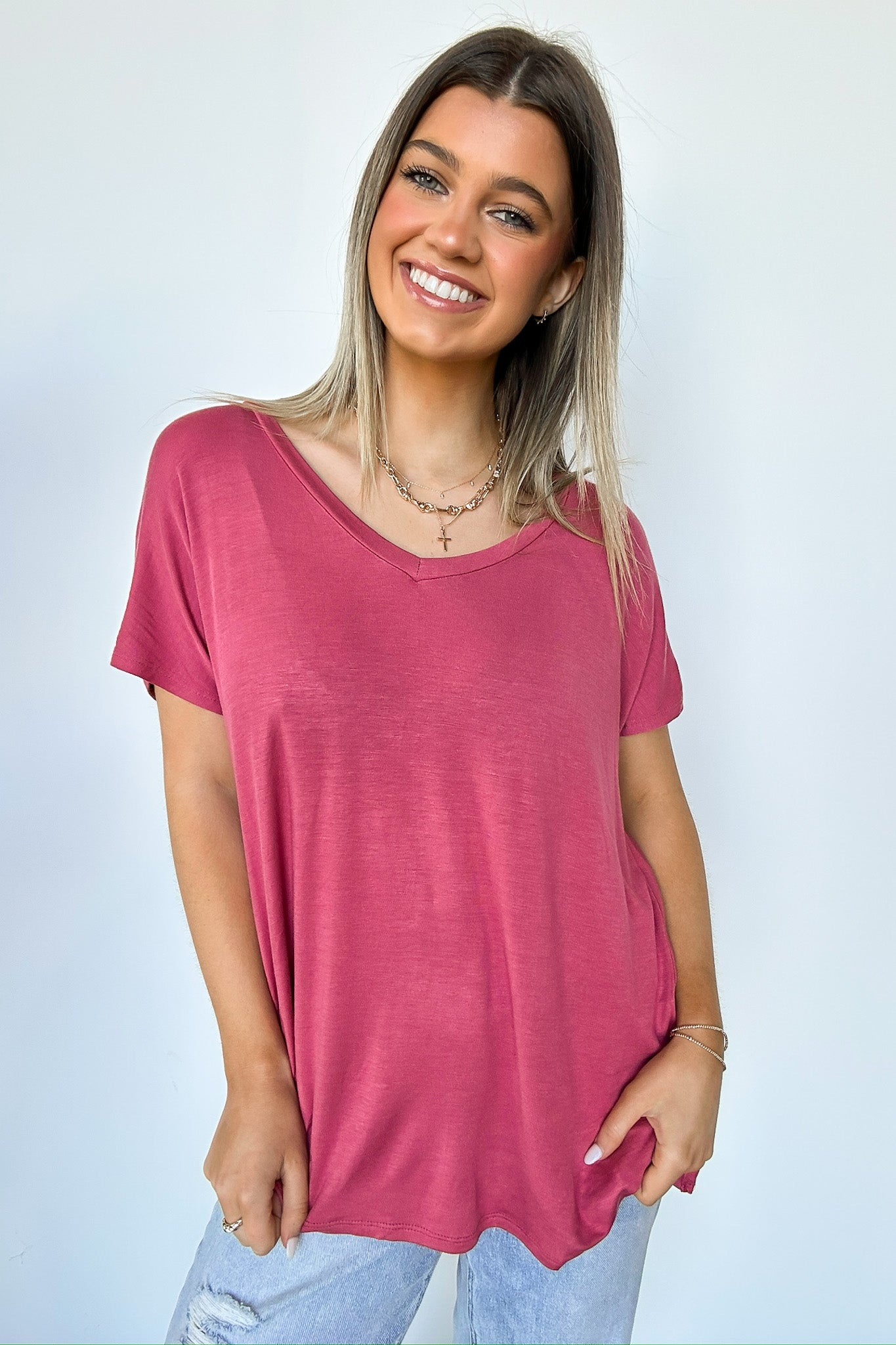 Mauve / S Apollo Side Slit V-Neck Relaxed Top - Madison and Mallory
