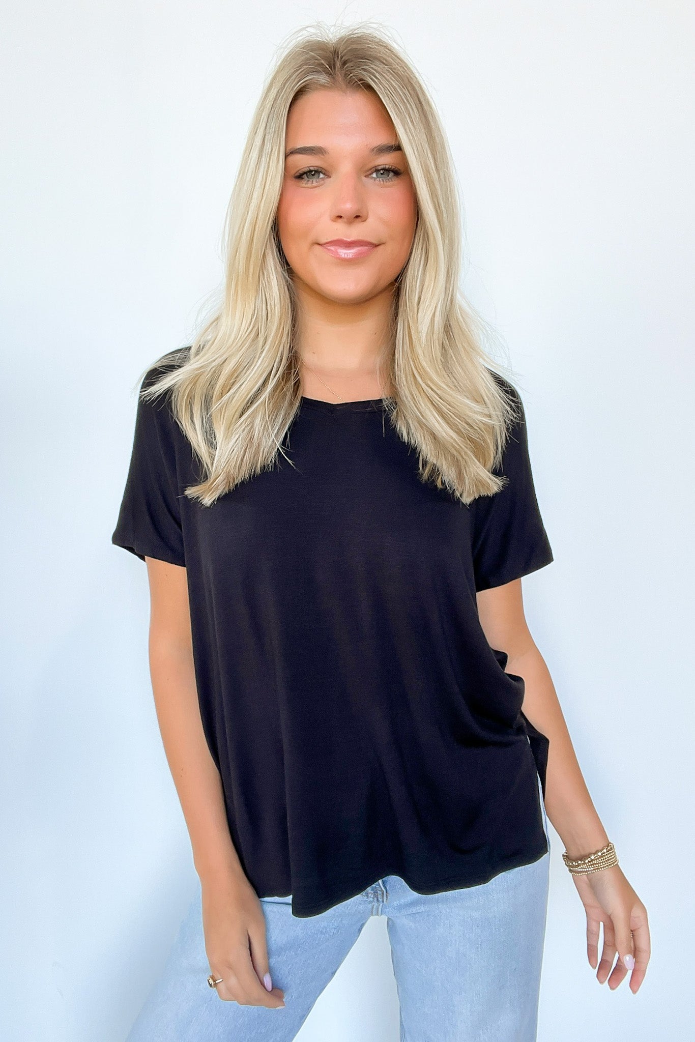 Black / S Apollo Side Slit V-Neck Relaxed Top - Madison and Mallory