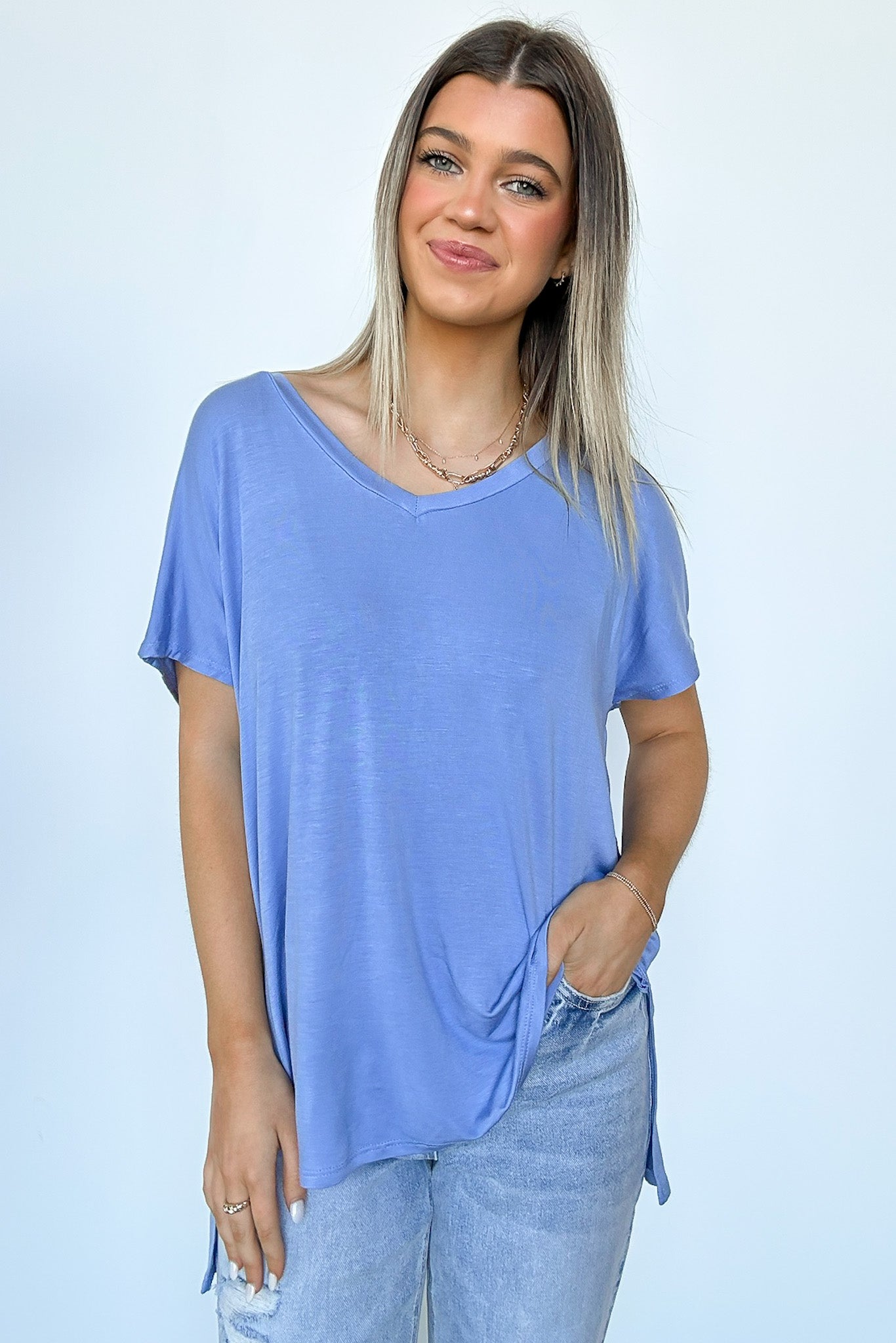 Blue / S Apollo Side Slit V-Neck Relaxed Top - Madison and Mallory