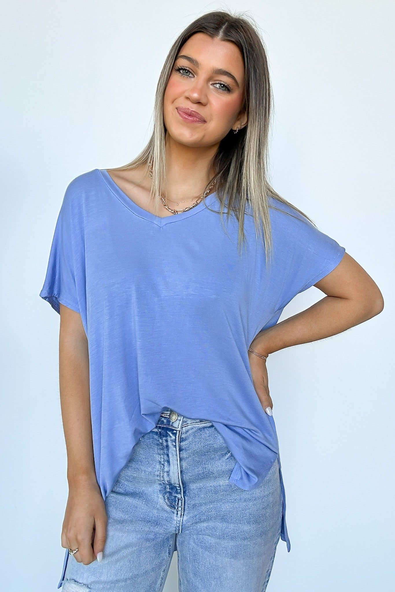  Apollo Side Slit V-Neck Relaxed Top - Madison and Mallory