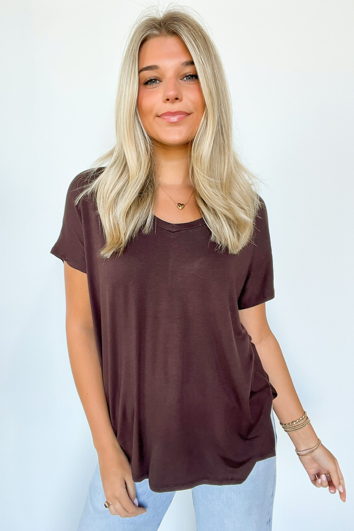 Brown / S Apollo Side Slit V-Neck Relaxed Top - Madison and Mallory