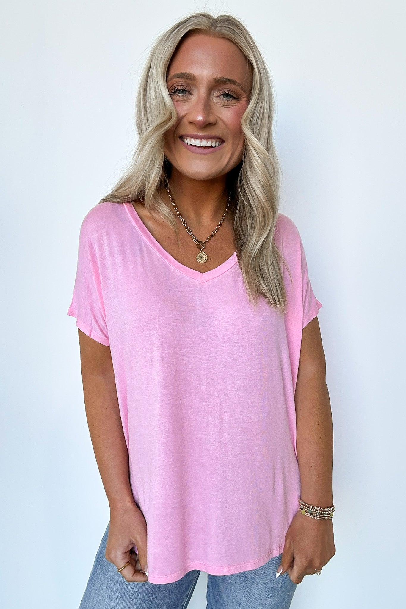 Pink / S Apollo Side Slit V-Neck Relaxed Top - Madison and Mallory