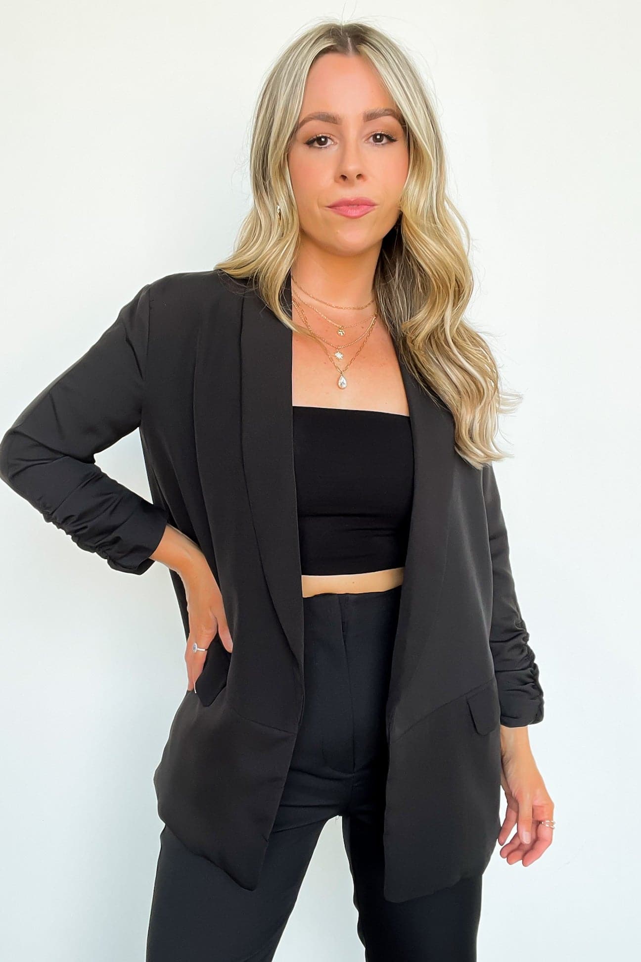 Black / S Arianah Ruched Sleeve Blazer - Madison and Mallory