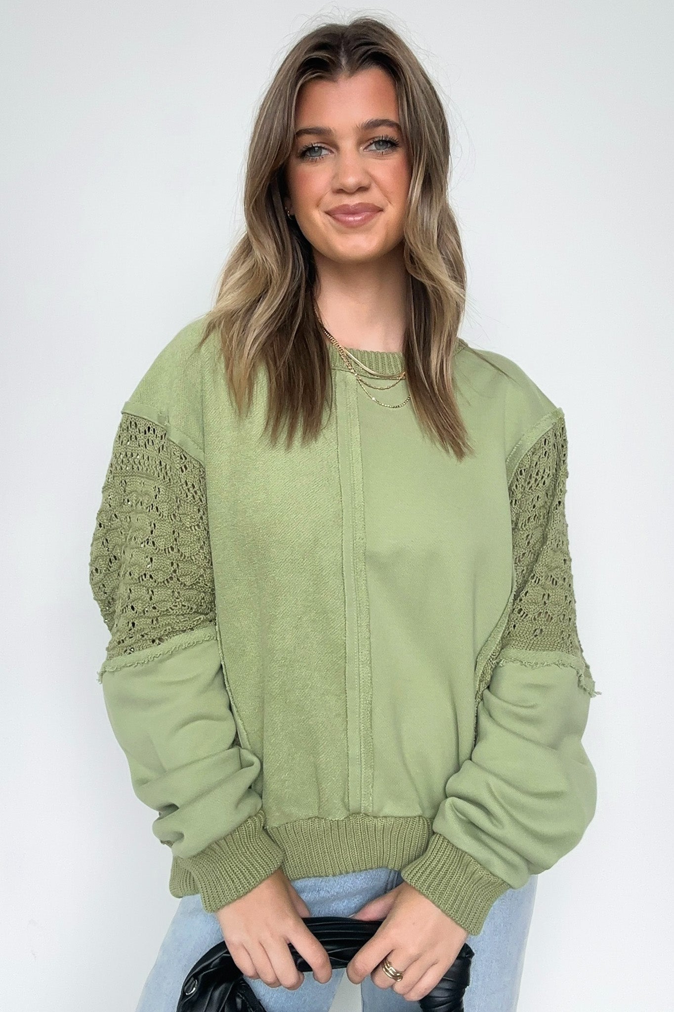  Arina Crochet Contrast Sleeve Pullover - Madison and Mallory