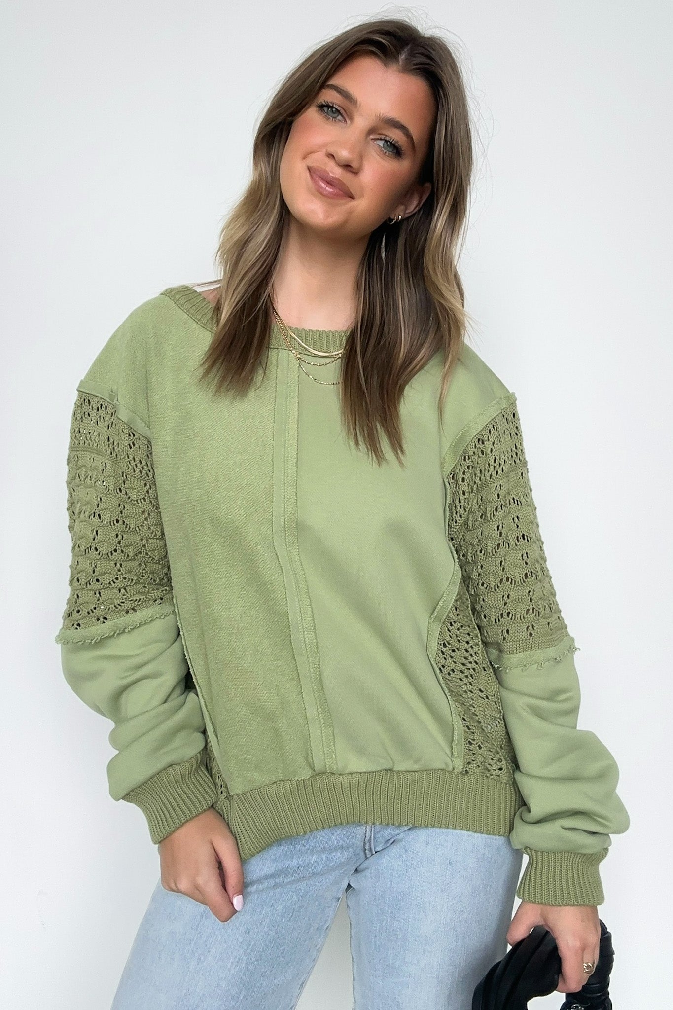 Vintage Sage / S Arina Crochet Contrast Sleeve Pullover - Madison and Mallory