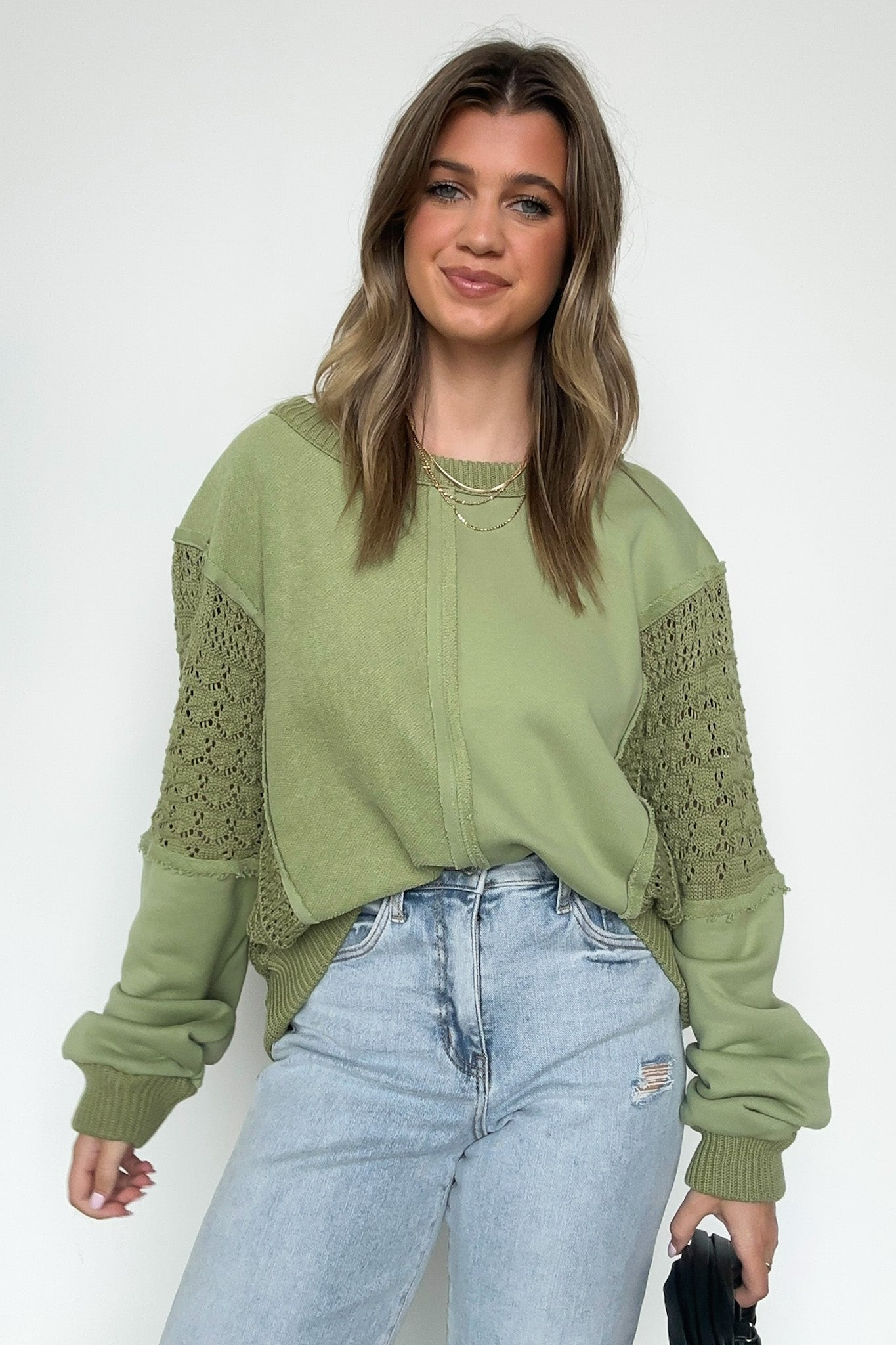  Arina Crochet Contrast Sleeve Pullover - Madison and Mallory