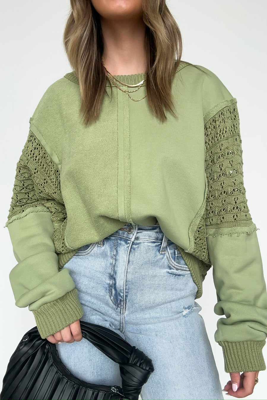  Arina Crochet Contrast Sleeve Pullover - Madison and Mallory