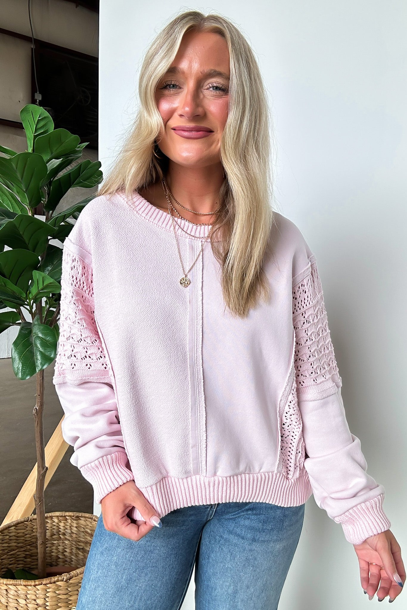  Arina Crochet Contrast Sleeve Pullover - Madison and Mallory