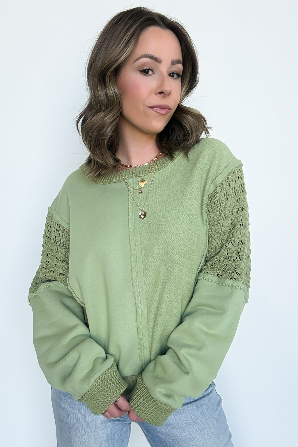 Arina Crochet Contrast Sleeve Pullover - FINAL SALE - Madison and Mallory