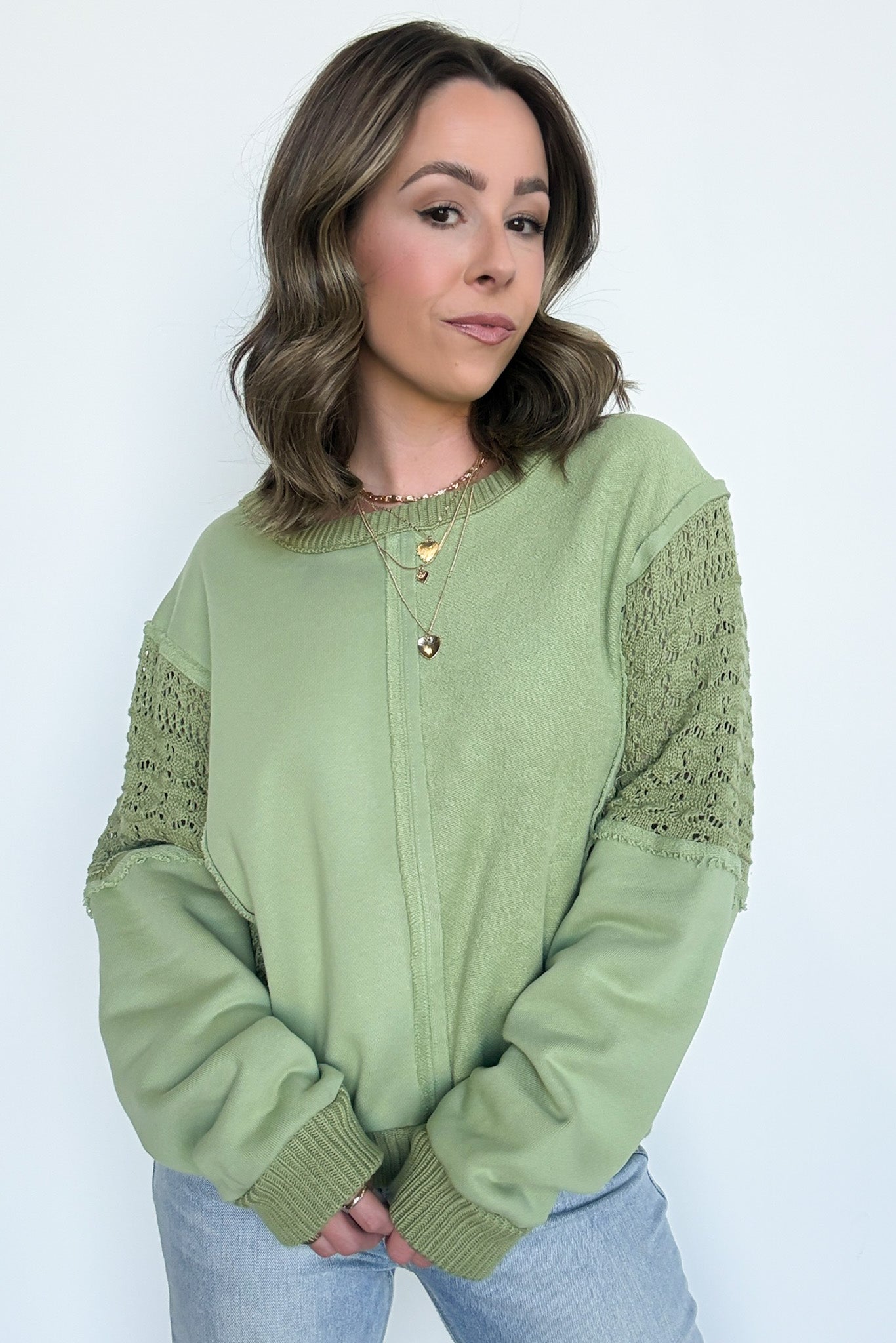  Arina Crochet Contrast Sleeve Pullover - Madison and Mallory