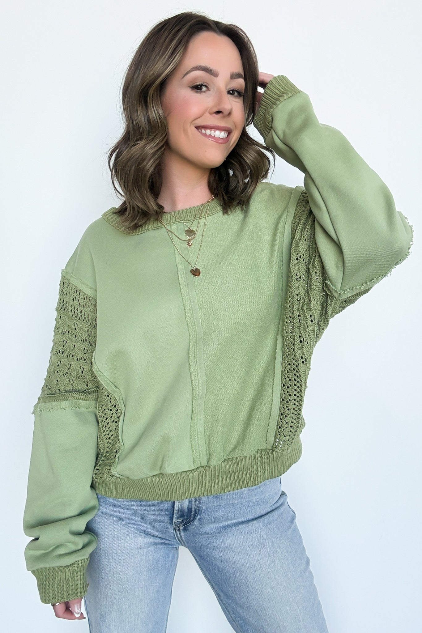  Arina Crochet Contrast Sleeve Pullover - Madison and Mallory