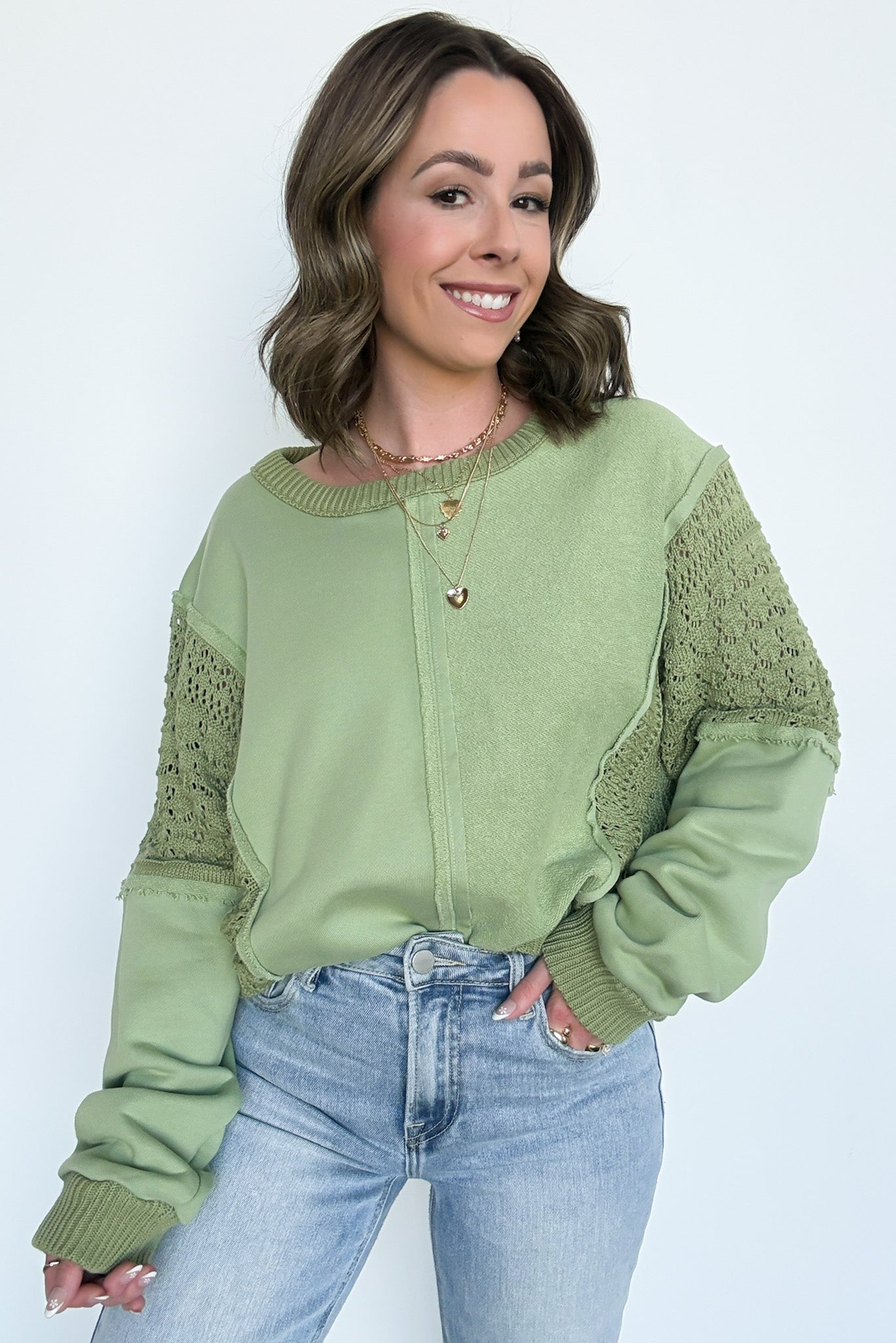  Arina Crochet Contrast Sleeve Pullover - Madison and Mallory