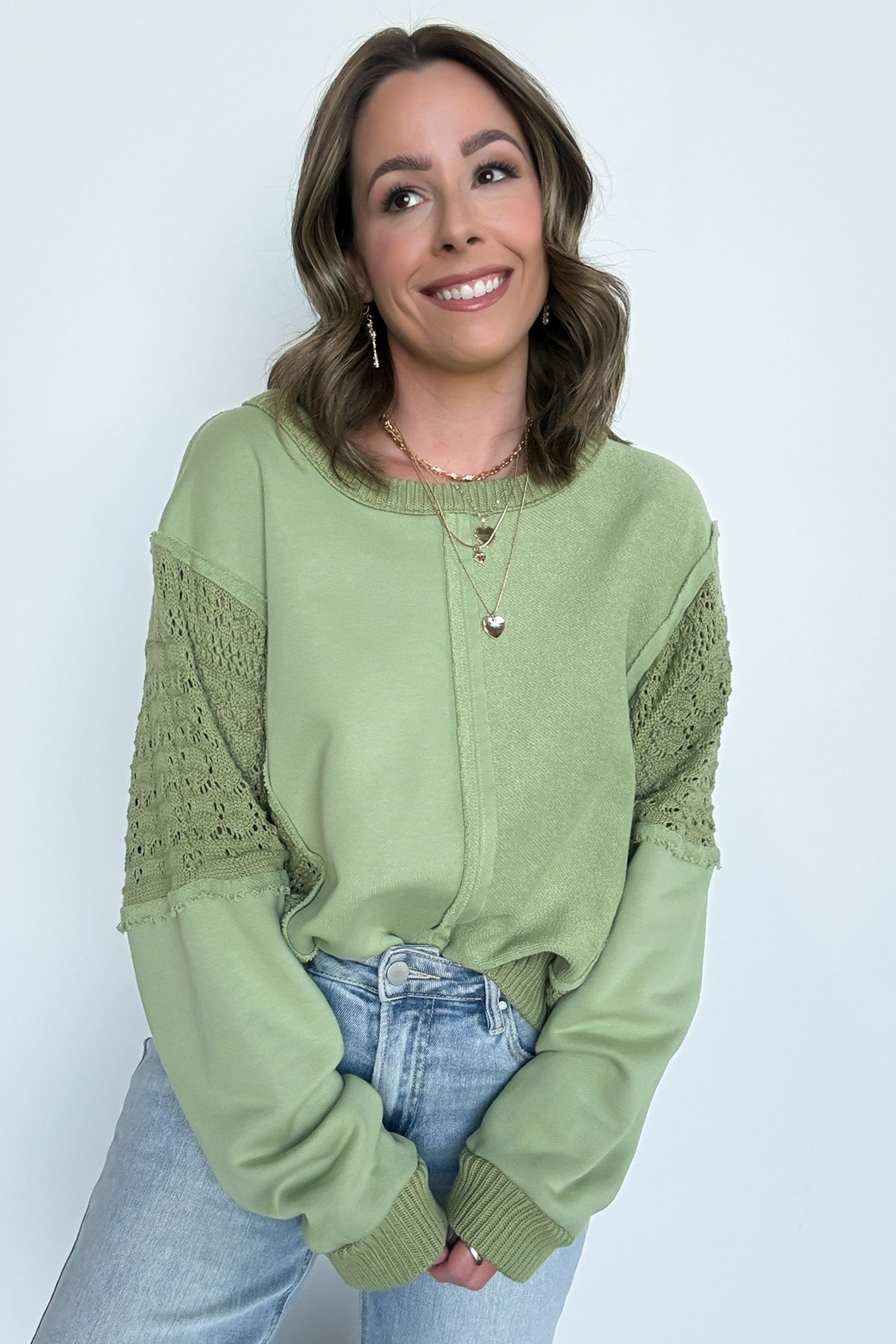 Arina Crochet Contrast Sleeve Pullover - FINAL SALE - Madison and Mallory