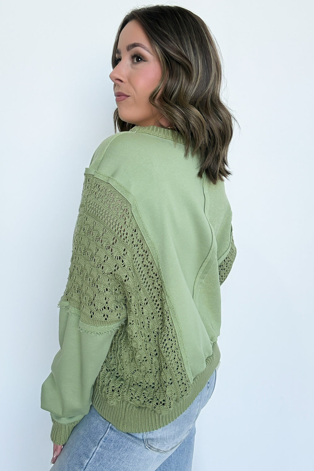Arina Crochet Contrast Sleeve Pullover - FINAL SALE - Madison and Mallory