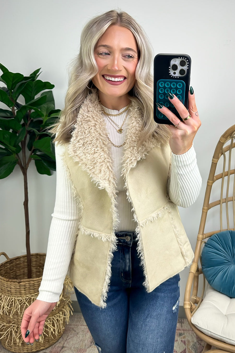 Khaki / S Arissa Shearling Suede Faux Fur Vest - Madison and Mallory