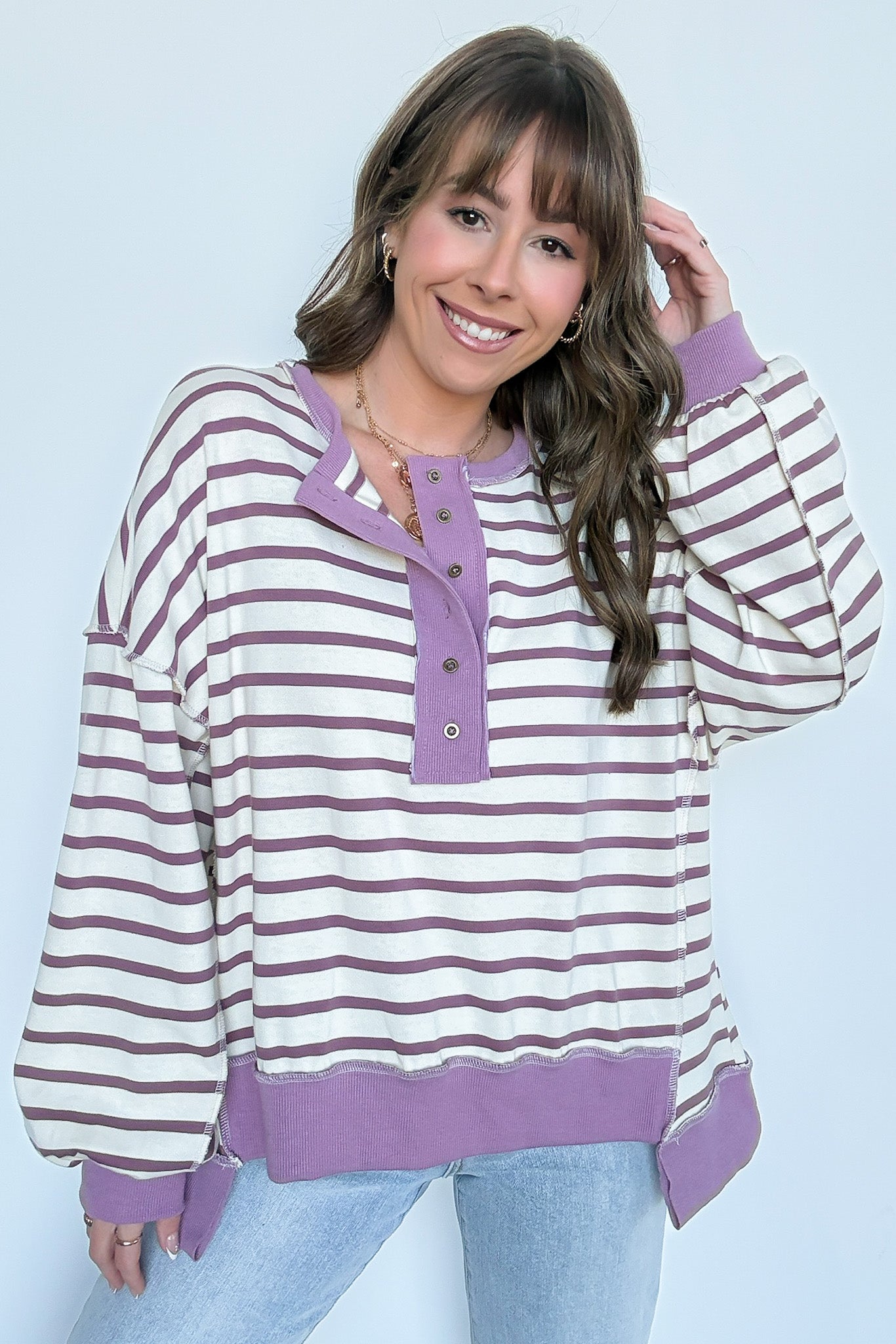  Arlah Striped Oversized Henley Pullover - Madison and Mallory