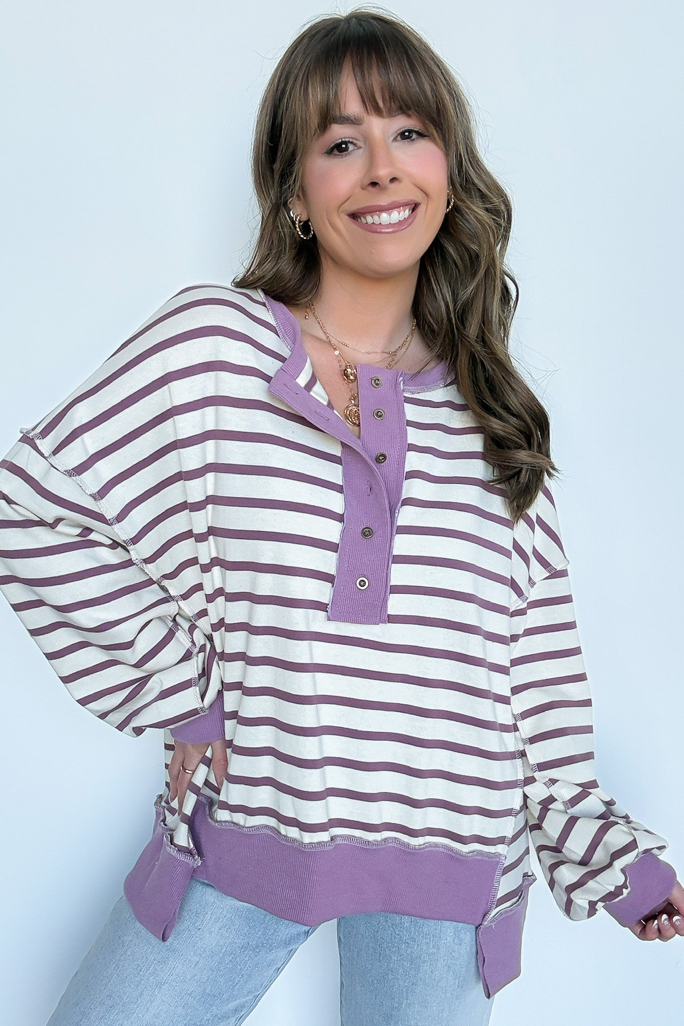  Arlah Striped Oversized Henley Pullover - Madison and Mallory