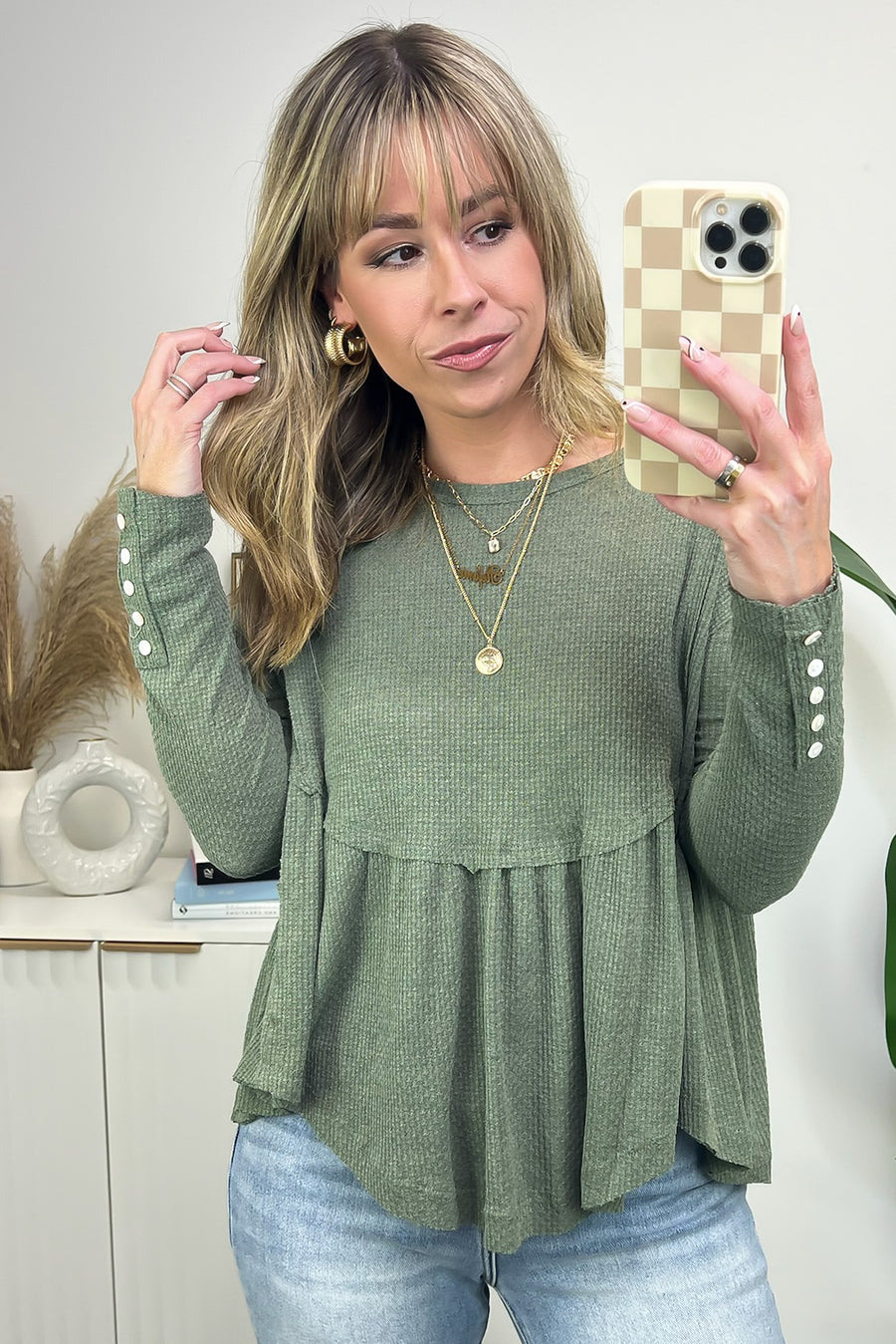 Olive / S Artura Waffle Knit Babydoll Top - FINAL SALE - Madison and Mallory