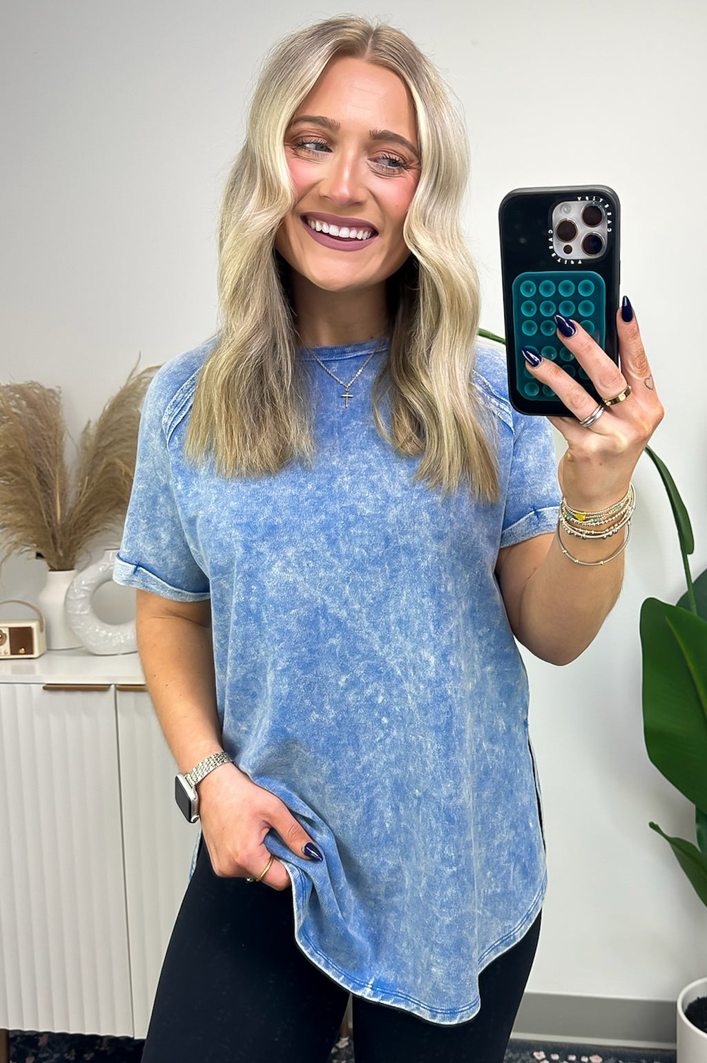 Classic Blue / S Ashlie Acid Wash Rolled Sleeve Top - BACK IN STOCK - Madison and Mallory