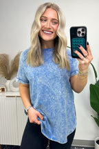 Classic Blue / S Ashlie Acid Wash Rolled Sleeve Top - BACK IN STOCK - Madison and Mallory