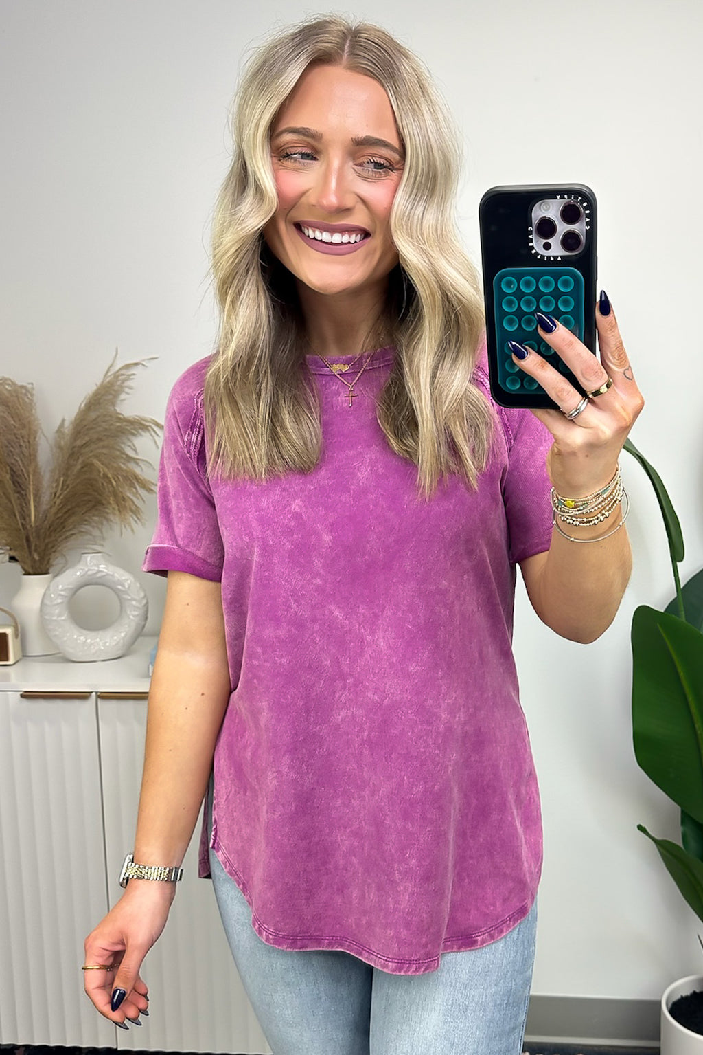 Light Plum / S Ashlie Acid Wash Rolled Sleeve Top - BACK IN STOCK - Madison and Mallory