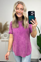 Light Plum / S Ashlie Acid Wash Rolled Sleeve Top - BACK IN STOCK - Madison and Mallory